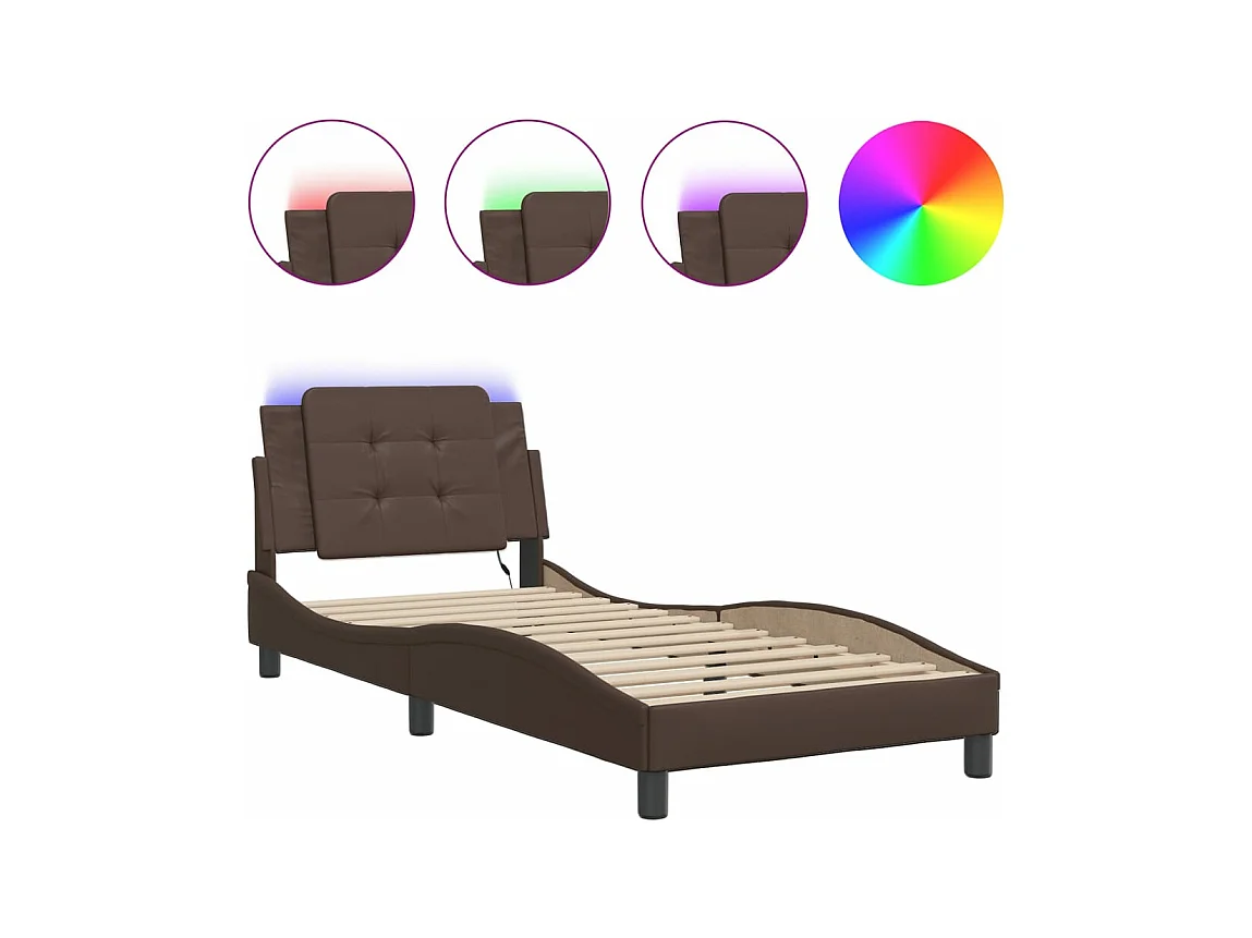 Estrutura cama c/ luzes LED 100x200cm couro artificial castanho