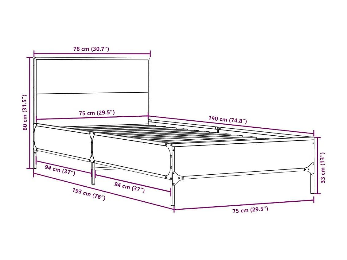 Estructura cama madera ingeniería metal roble humo 75x190 cm