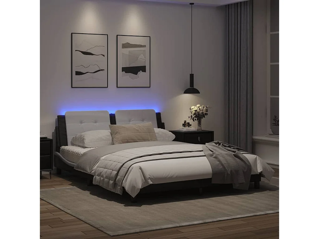 Estructura de cama con luz LED cuero PE blanco negro 160x200 cm