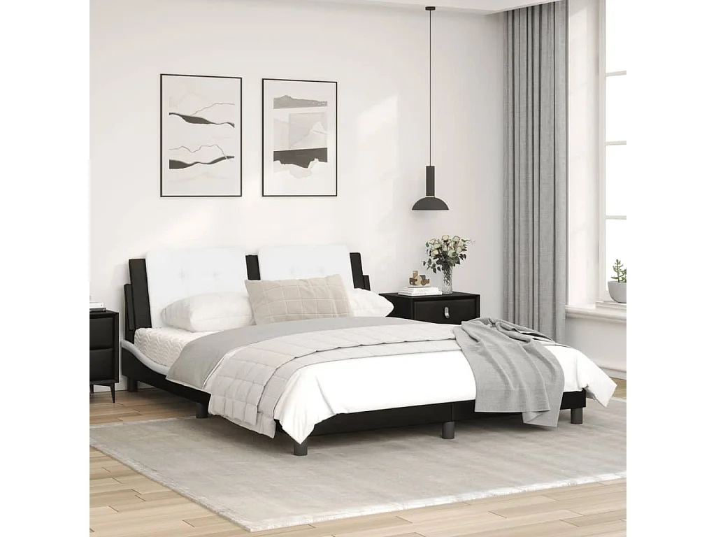 Estructura de cama con luz LED cuero PE blanco negro 160x200 cm