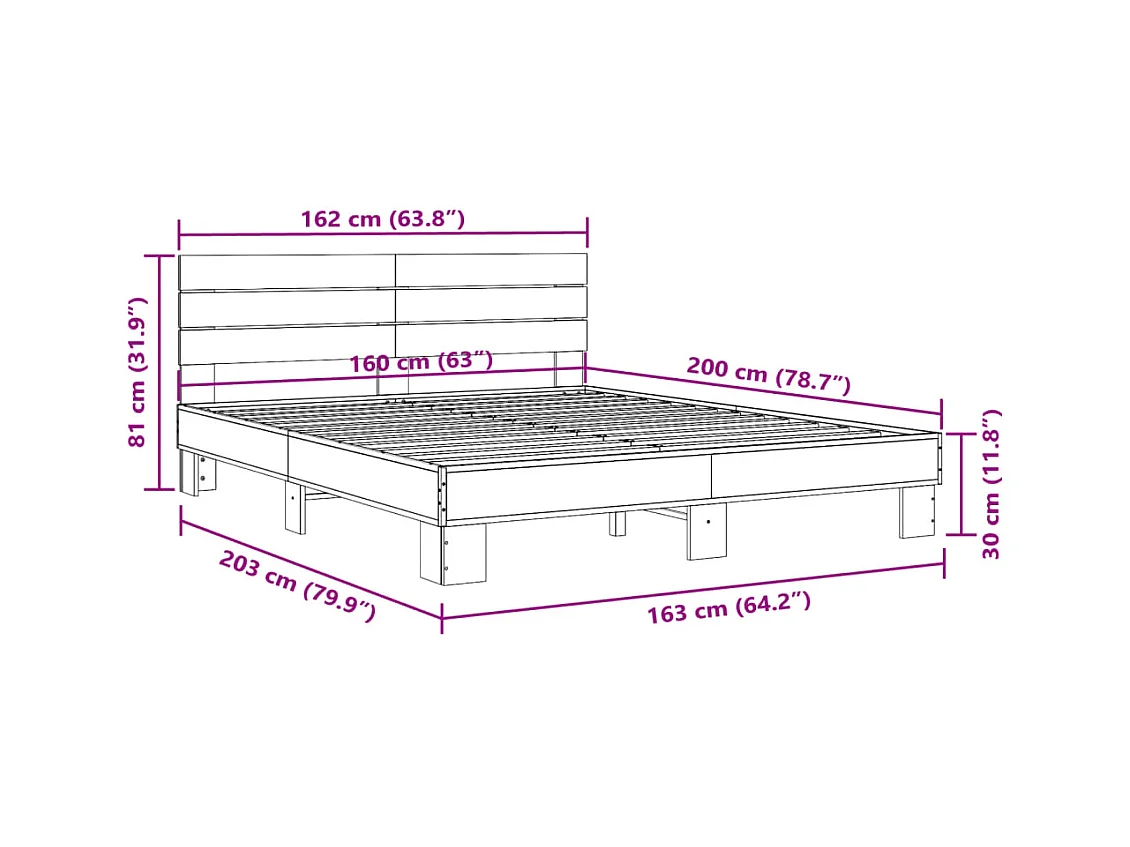 Estructura cama madera ingeniería metal marrón roble 160x200 cm