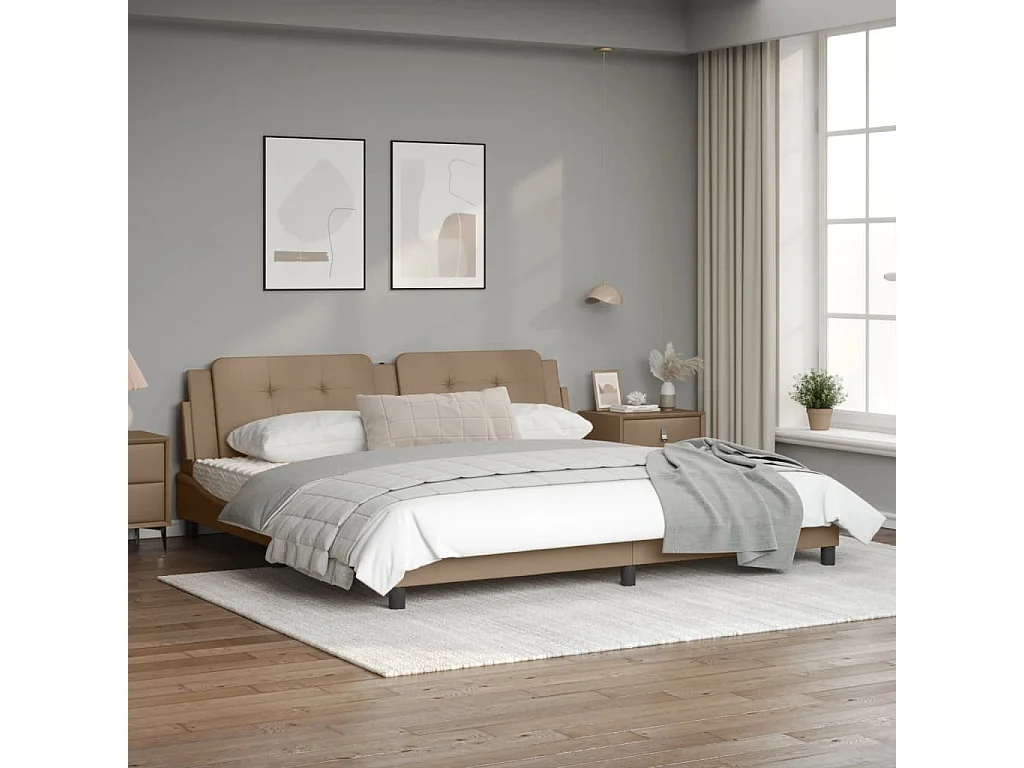 Estrutura cama cabeceira 200x200 cm couro artificial cappuccino