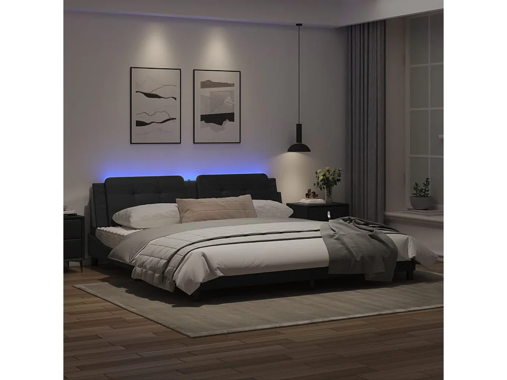 Estrutura de cama c/ luzes LED 200x200cm couro artificial preto