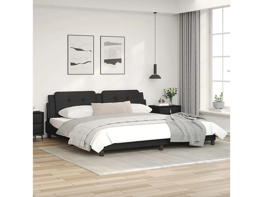 Estrutura de cama c/ luzes LED 200x200cm couro artificial preto