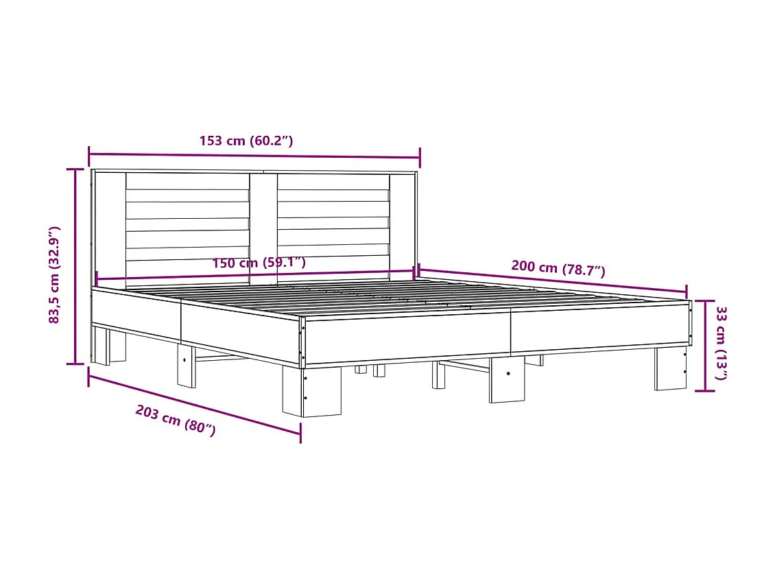 Estructura cama madera ingeniería metal gris Sonoma 150x200 cm