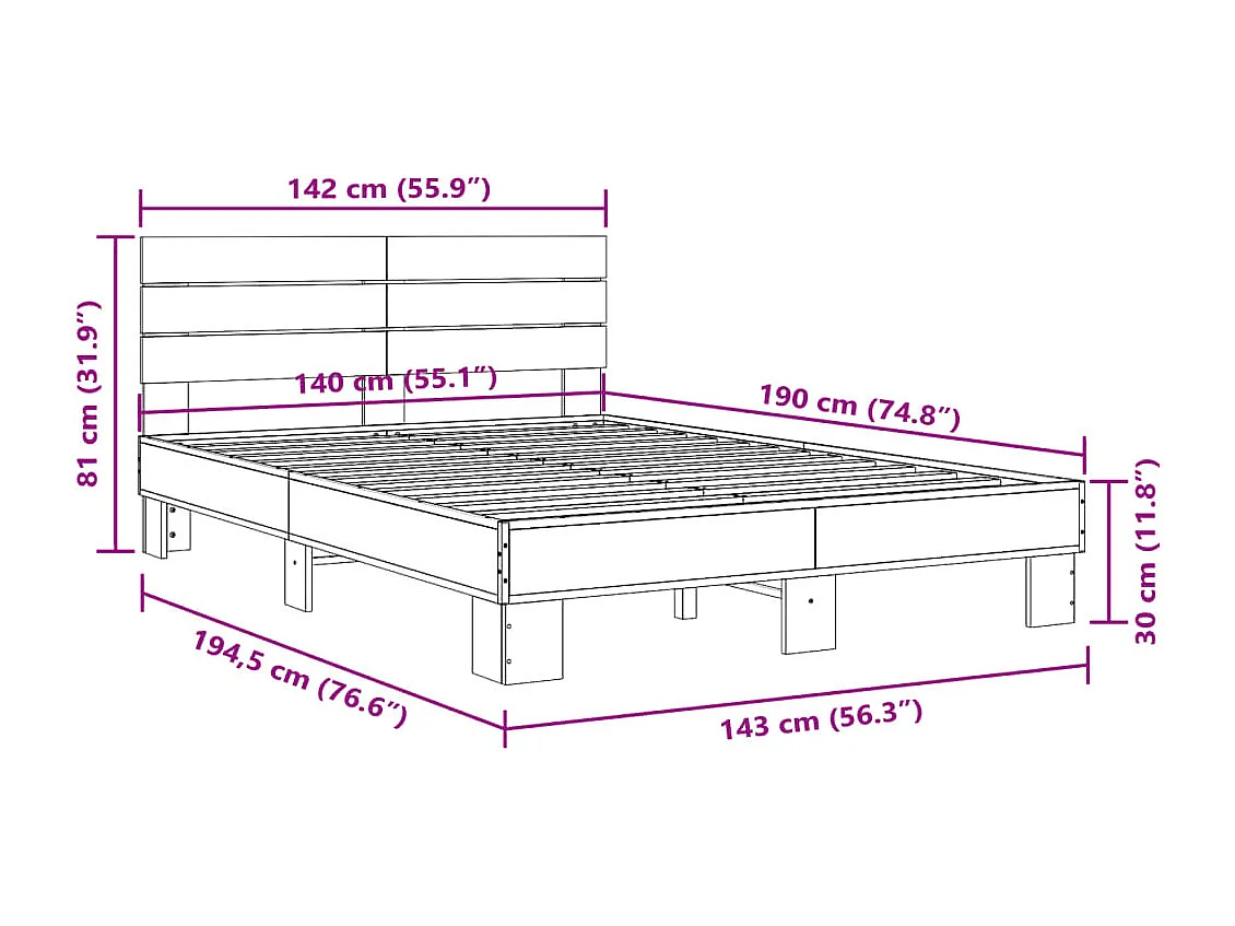Estructura cama madera ingeniería metal marrón roble 140x190 cm