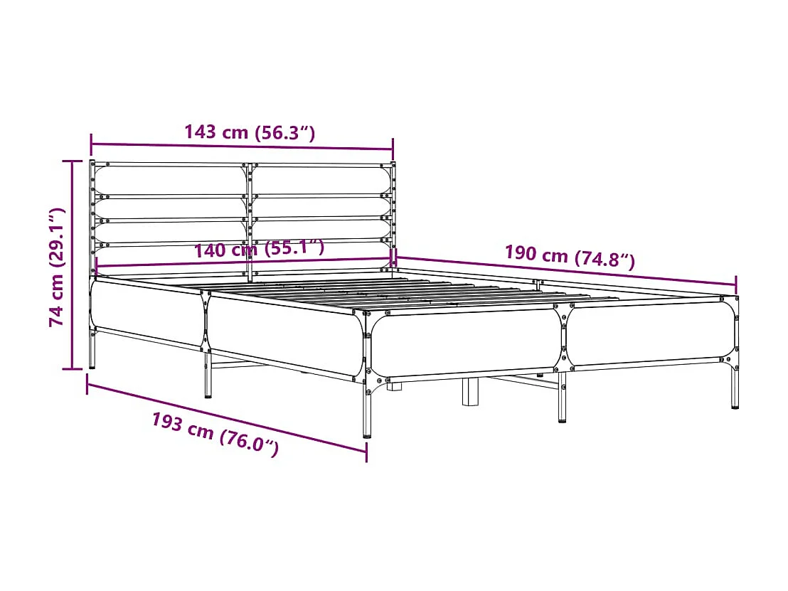 Estructura cama madera ingeniería metal gris Sonoma 140x190 cm