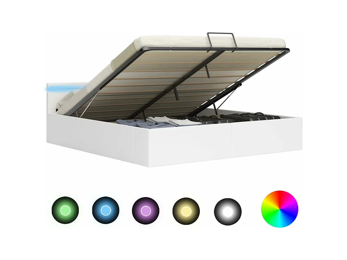Cama canapé hidráulica con LED cuero sintético blanca 180x200cm