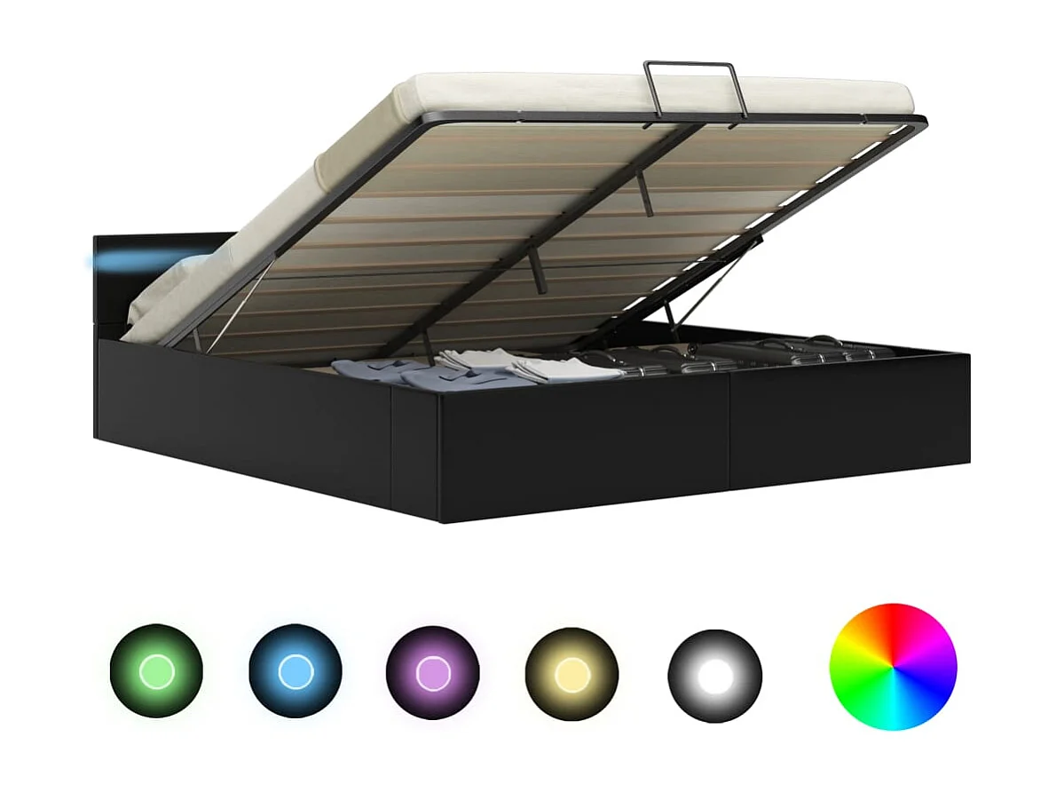 Cadre de lit à rangement avec LED noir similicuir 160x200 cm