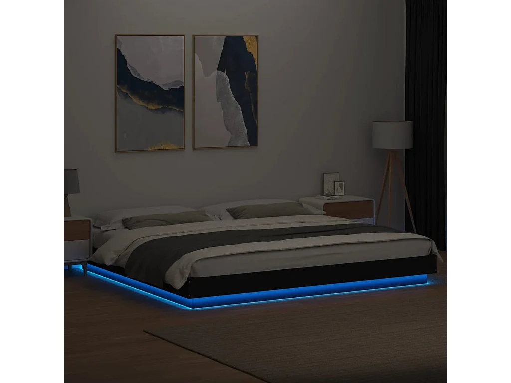 Estructura cama con luces LED madera ingeniería negro 200x200cm