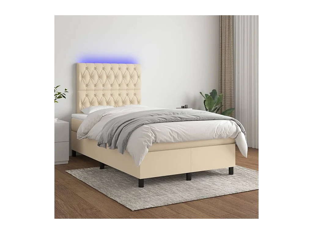 Cama box spring con colchón y LED tela crema 120x200 cm