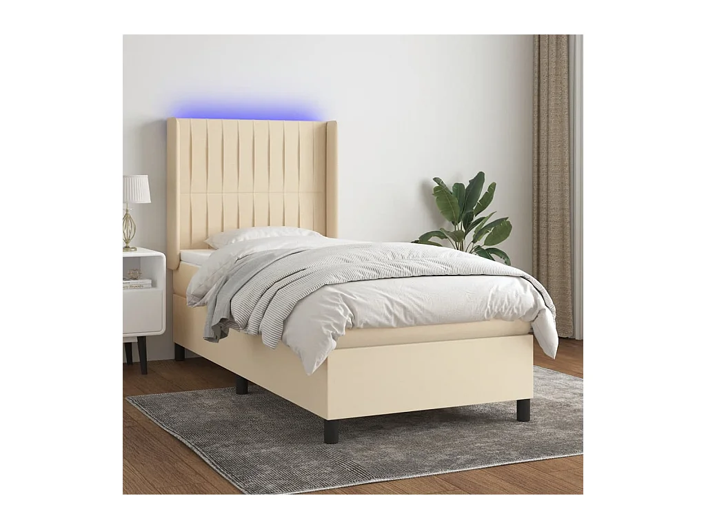 Cama box spring colchón y luces LED tela crema 90x200 cm