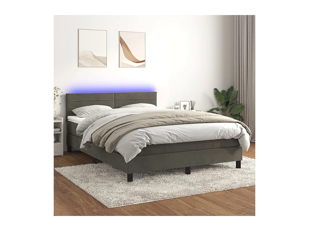 Sommier tapissier matelas et LED Gris foncé 140x200 cm Velours