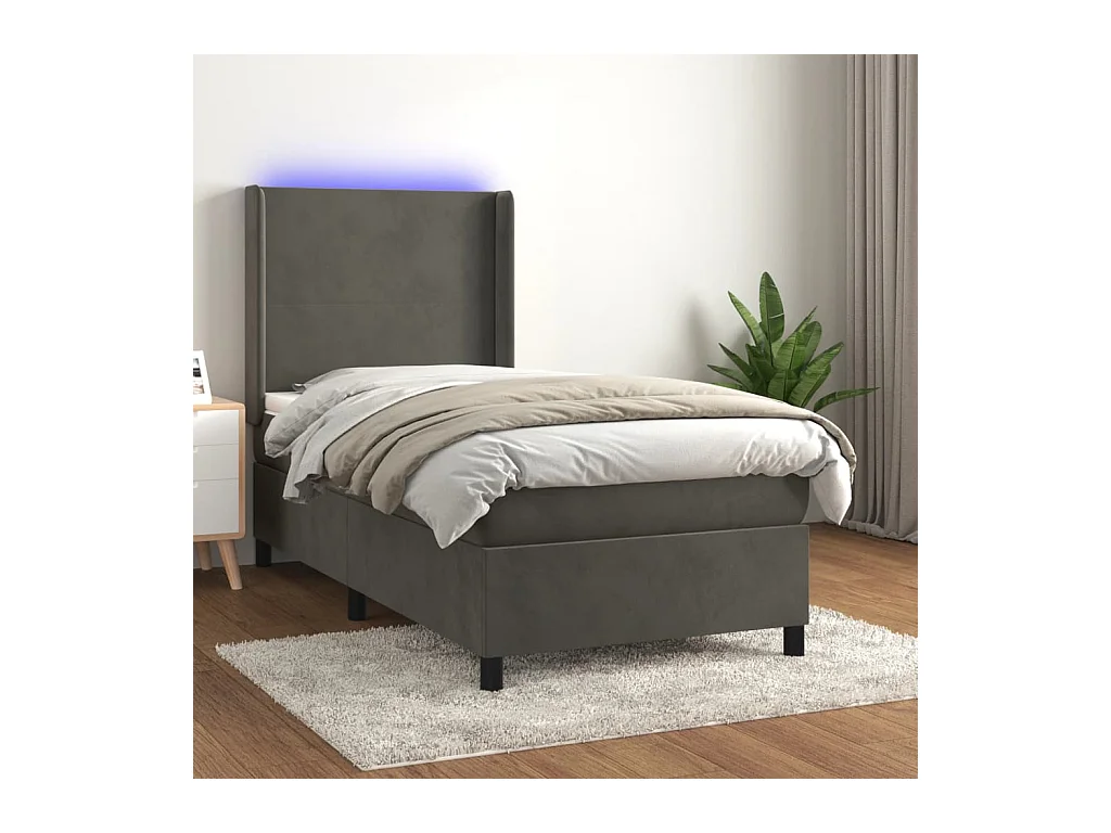 Cama box spring c/ colchão/LED 100x200cm veludo cinzento-escuro