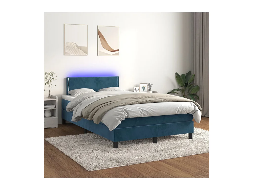 Sommier tapissier matelas et LED Bleu foncé 120x200 cm Velours