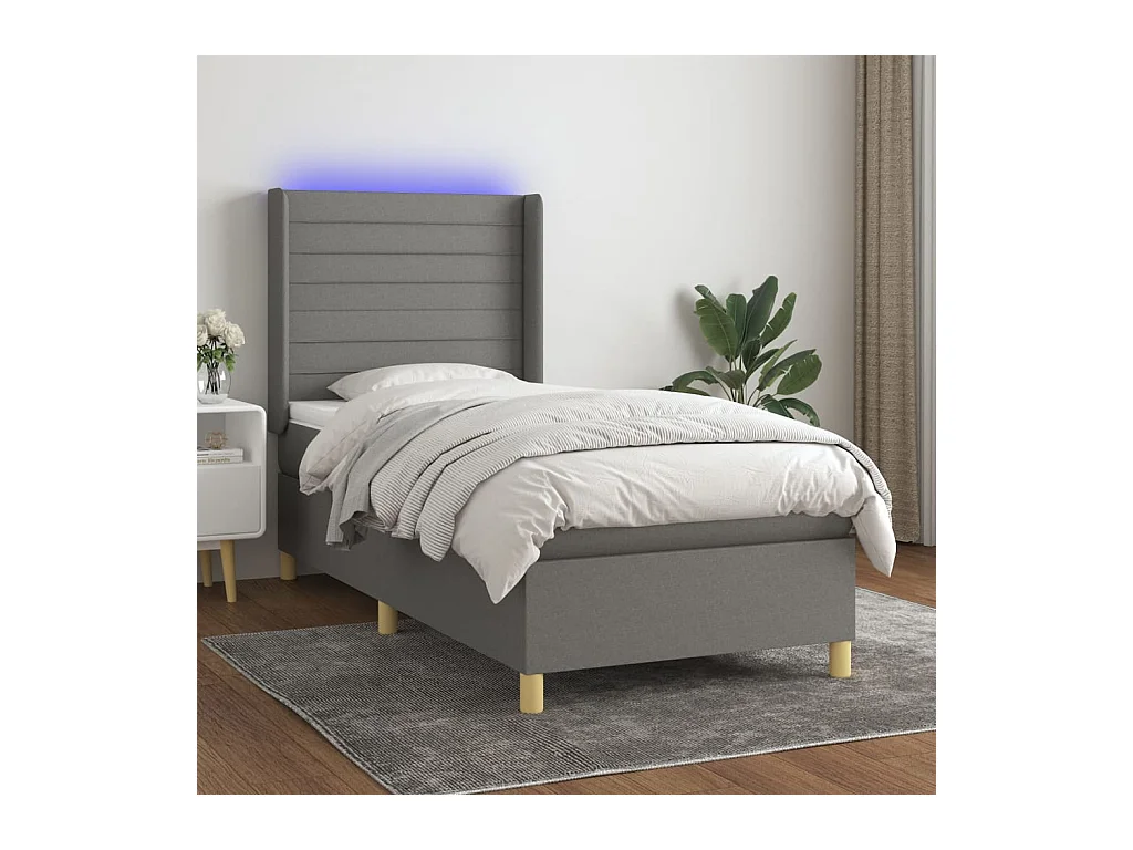 Cama box spring c/ colchão e LED 100x200 cm tecido cinza-escuro