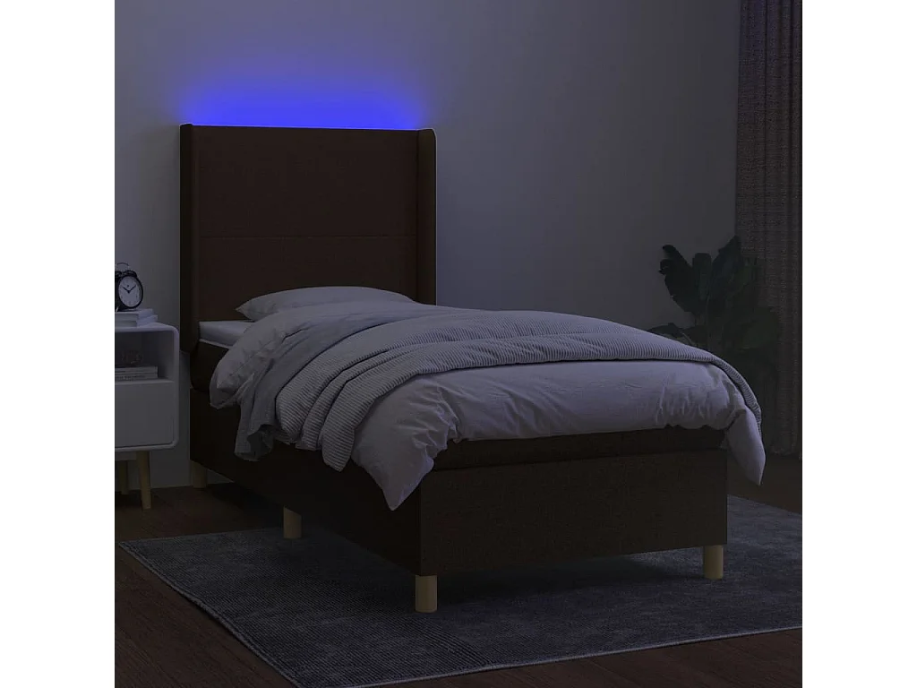 Cama box spring colchón y luces LED tela marrón oscuro 90x190cm