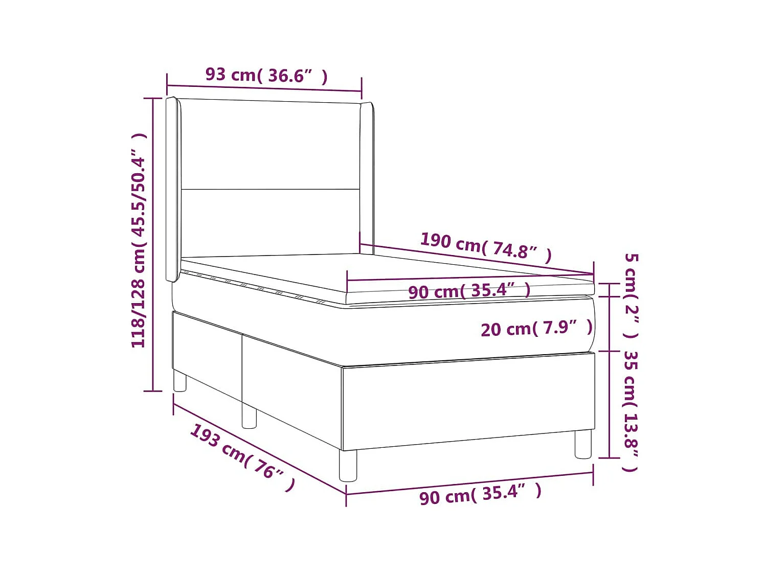 Cama box spring c/ colchão/LED 90x190 cm tecido castanho-escuro