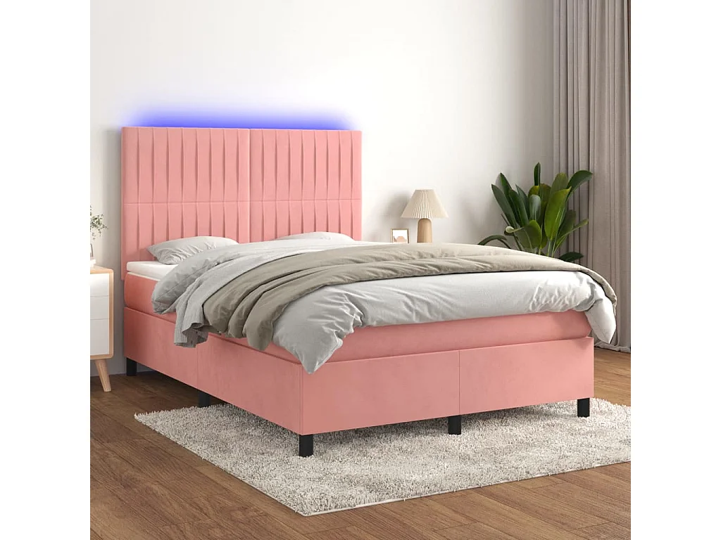Cama box spring colchón y LED terciopelo rosa 140x200 cm