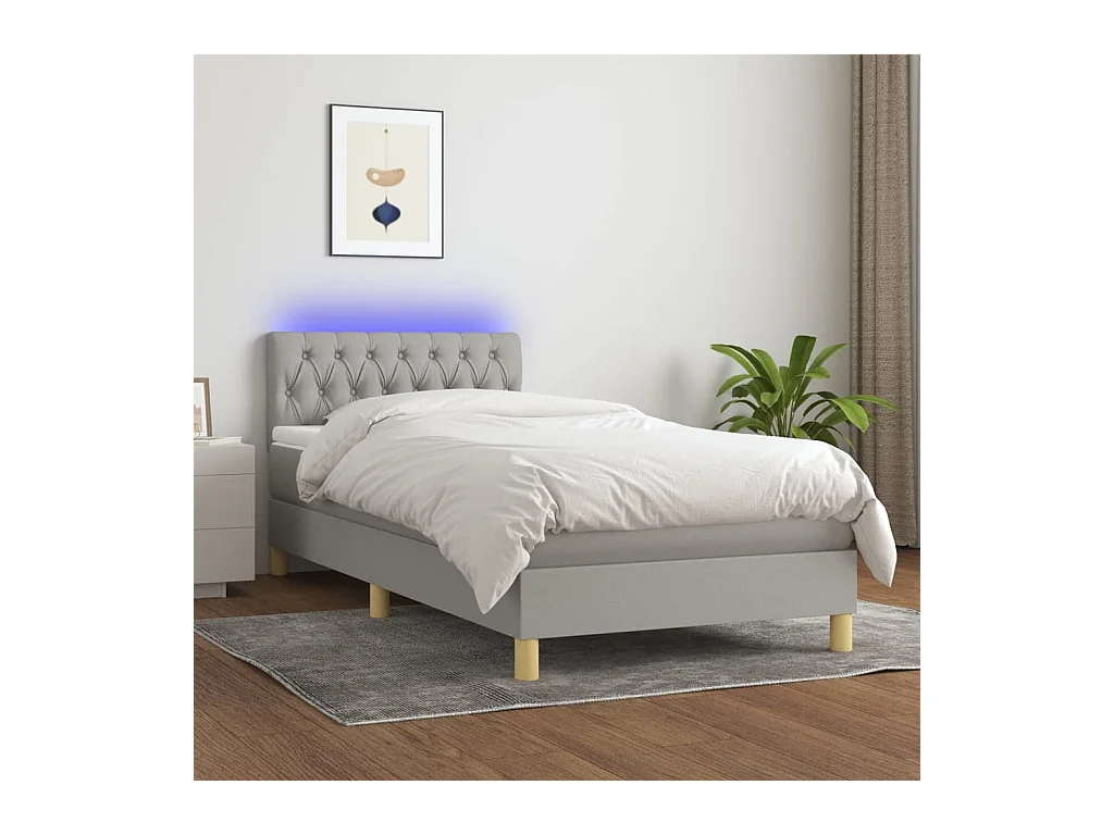 Sommier tapissier matelas et LED Gris clair 100x200 cm Tissu
