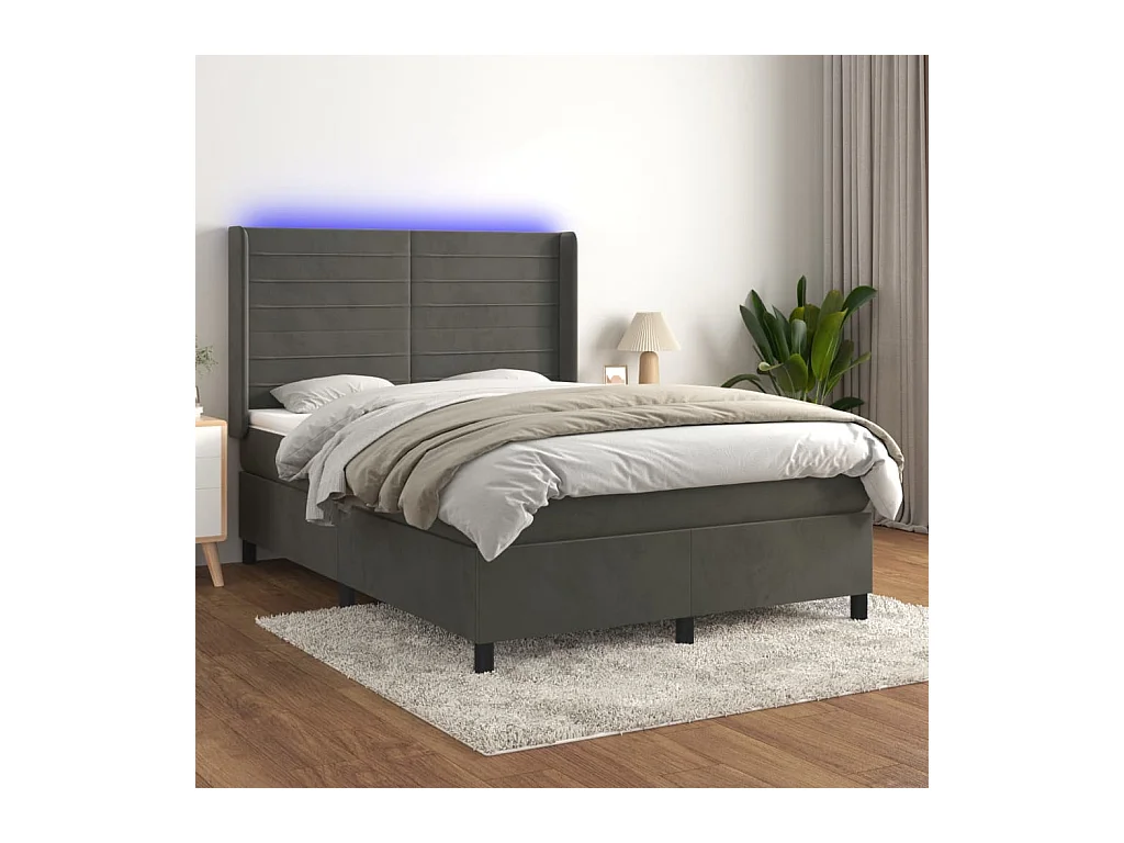 Cama box spring colchón y LED terciopelo gris oscuro 140x190 cm