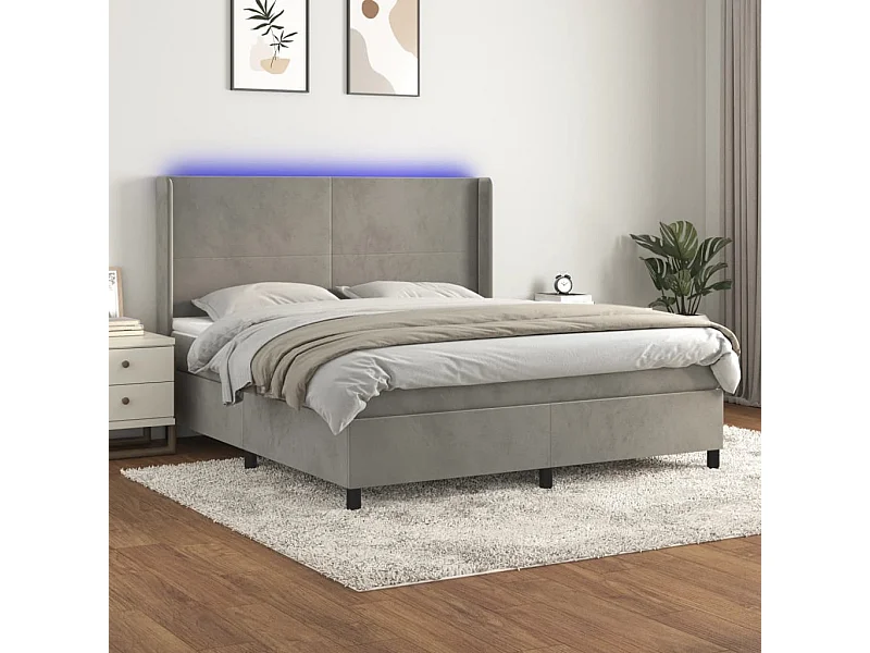 Cama box spring c/ colchão/LED 180x200 cm veludo cinzento-claro