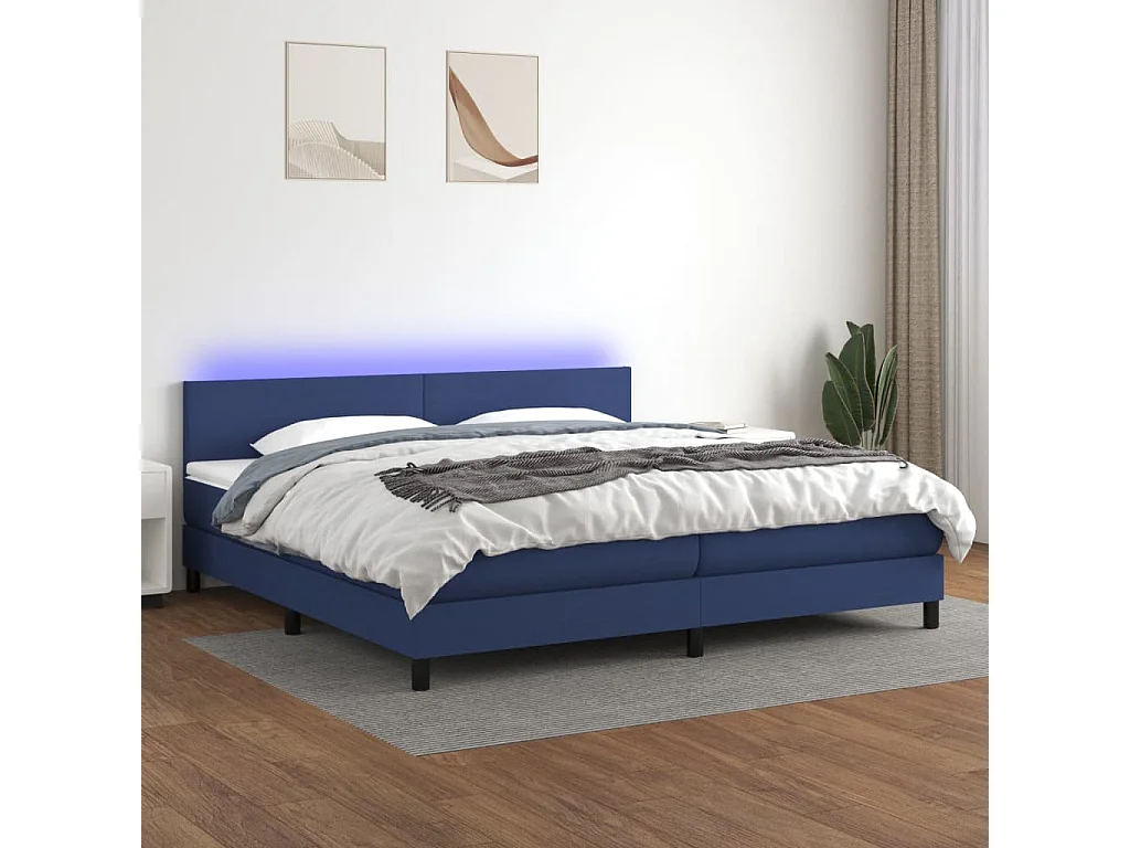 Cama box spring c/ colchão e LED 200x200 cm tecido azul