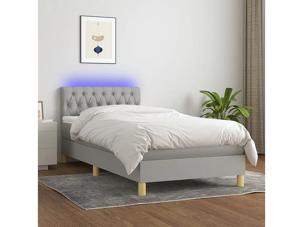 Cama box spring colchón y luces LED tela gris claro 90x200 cm