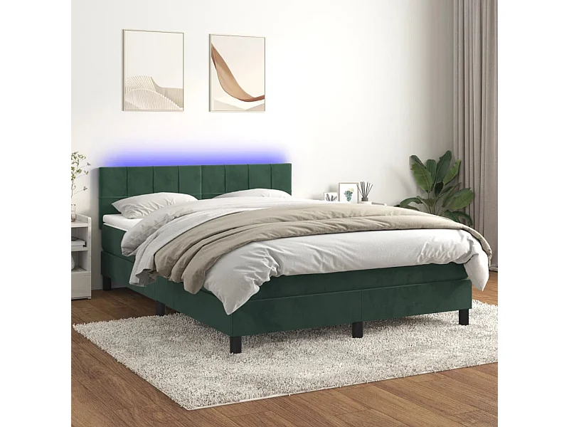Cama box spring c/ colchão/LED 140x200 cm veludo verde-escuro