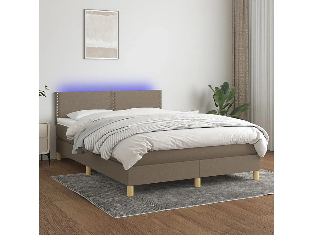 Cama box spring con colchón LED tela gris taupe 140x200 cm
