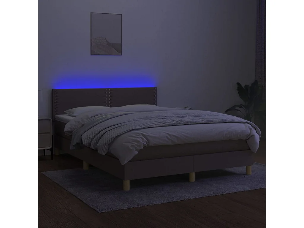 Cama box spring con colchón LED tela gris taupe 140x200 cm