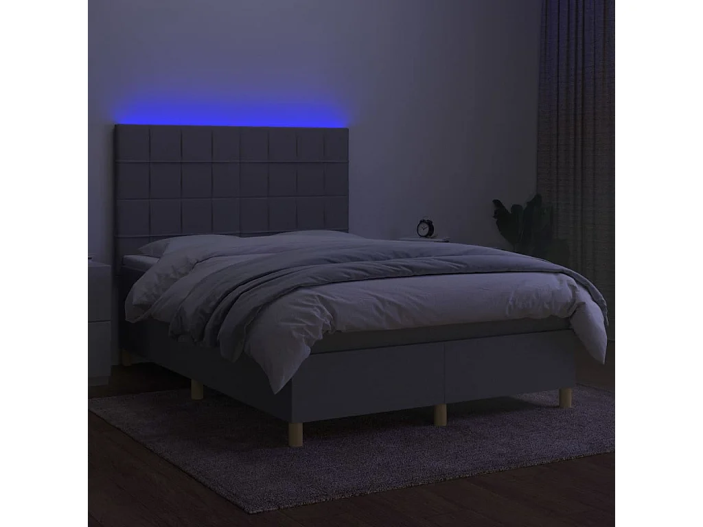 Cama box spring c/ colchão e LED 140x190 cm tecido cinza-claro