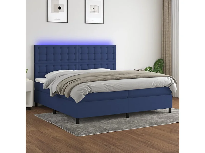Cama box spring c/ colchão e LED 200x200 cm tecido azul
