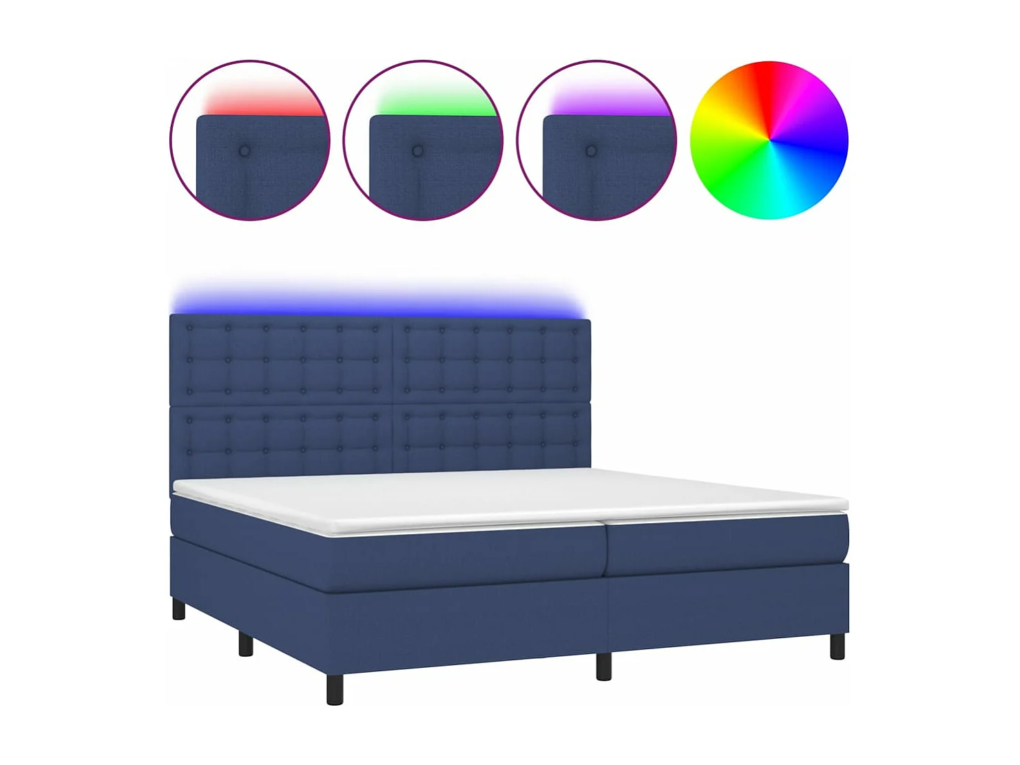 Cama box spring c/ colchão e LED 200x200 cm tecido azul