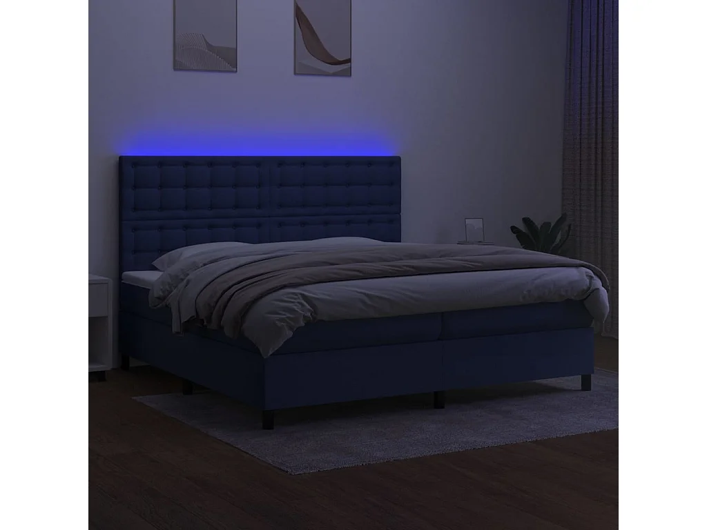 Cama box spring c/ colchão e LED 200x200 cm tecido azul