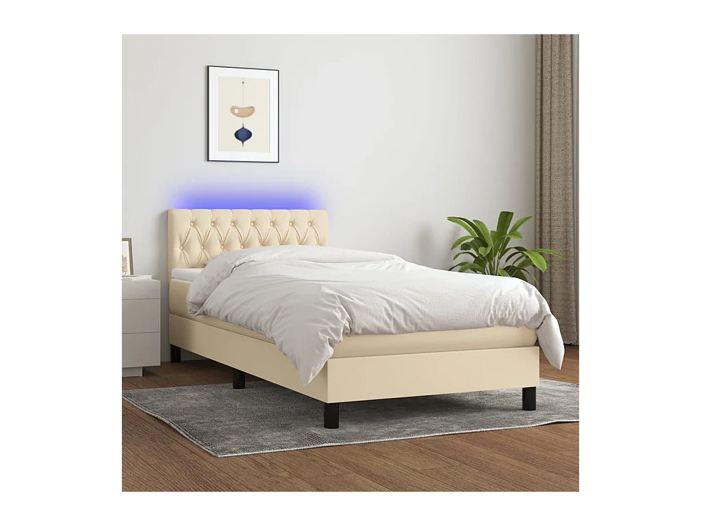 Cama box spring c/ colchão e LED 100x200 cm tecido cor creme
