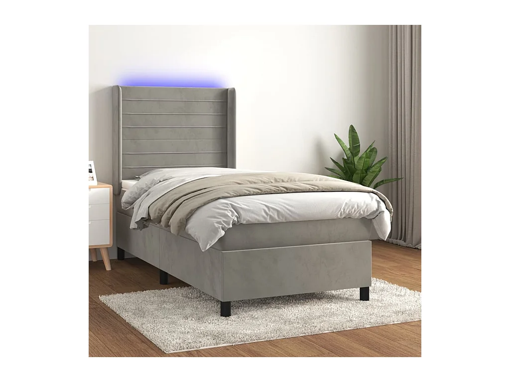 Cama box spring c/ colchão/LED 100x200 cm veludo cinzento-claro