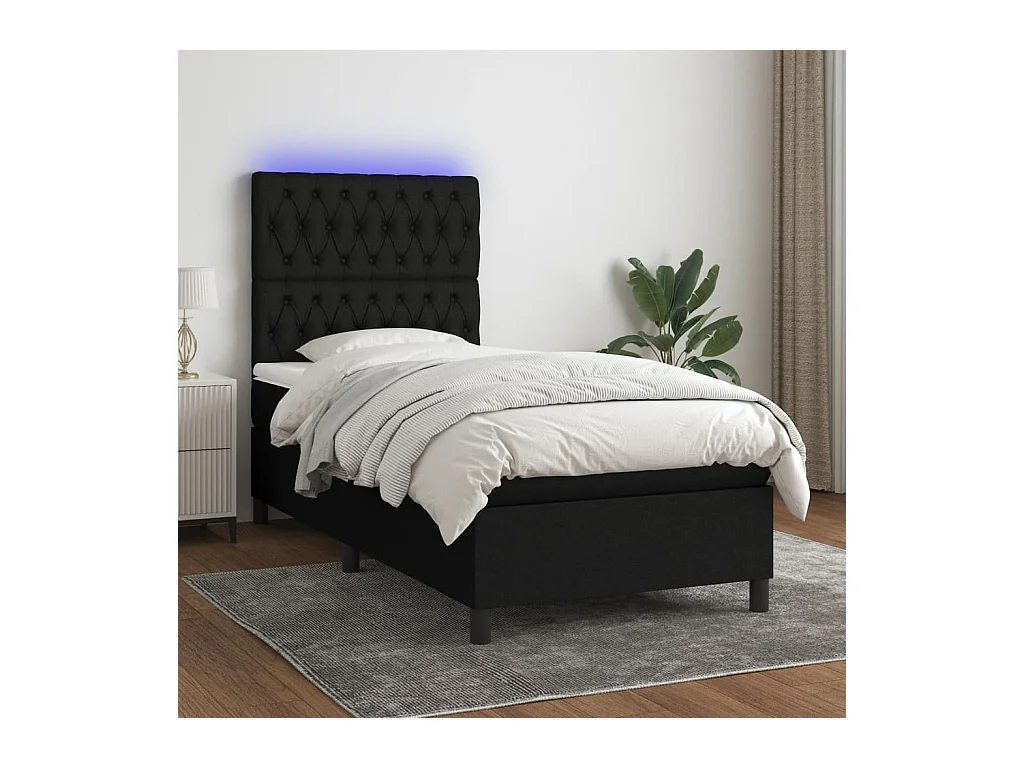 Cama box spring c/ colchão e LED 100x200 cm tecido preto