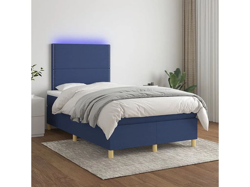 Sommier à lattes de lit matelas et LED bleu 120x190 cm tissu