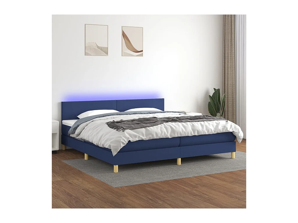 Cama box spring c/ colchão e LED 200x200 cm tecido azul