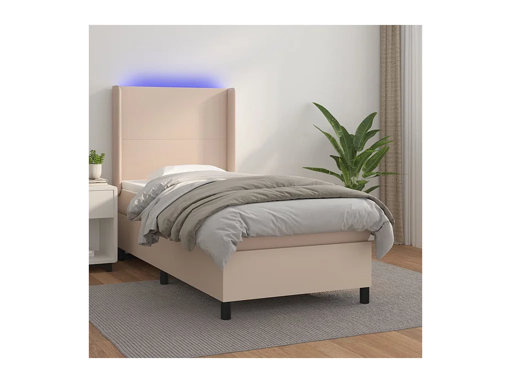 Sommier tapissier matelas et LED Cappuccino 90x190cm Similicuir