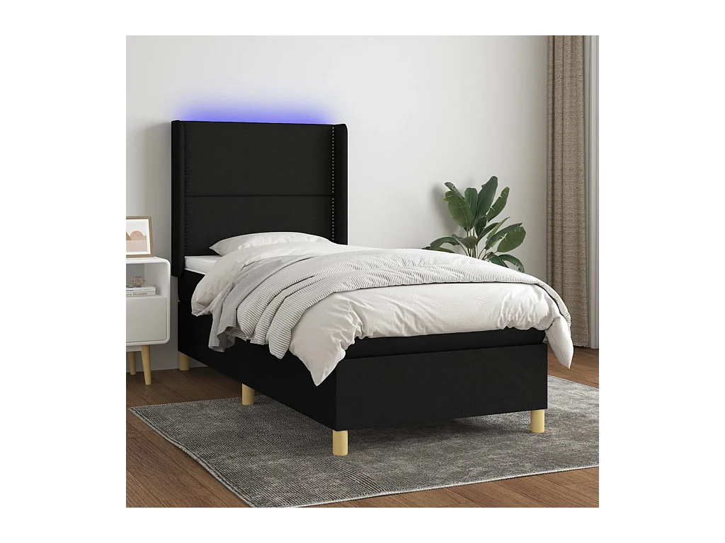 Cama box spring c/ colchão e LED 100x200 cm tecido preto