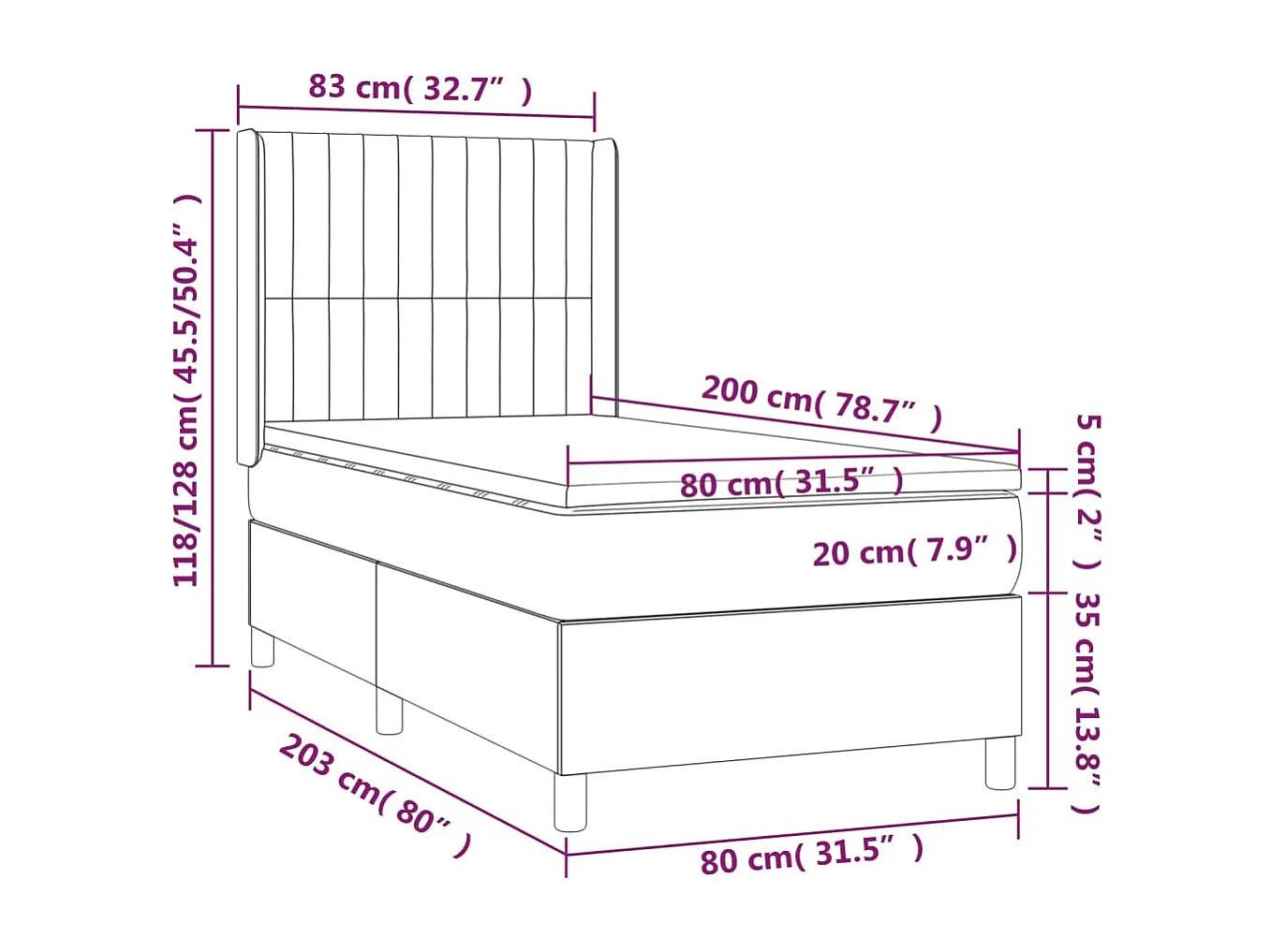 Cama box spring c/ colchão e LED 80x200 cm tecido azul