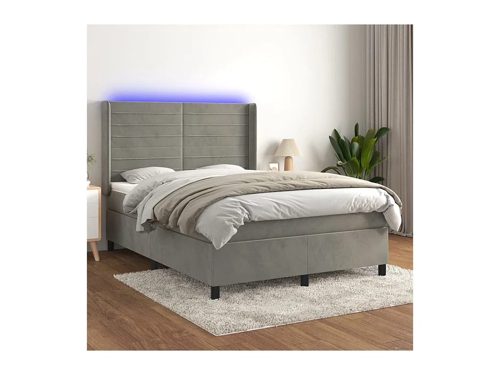 Cama box spring colchón y LED terciopelo gris claro 140x190 cm