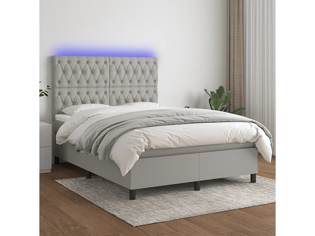 Sommier tapissier et matelas et LED Gris clair 140x190 cm Tissu