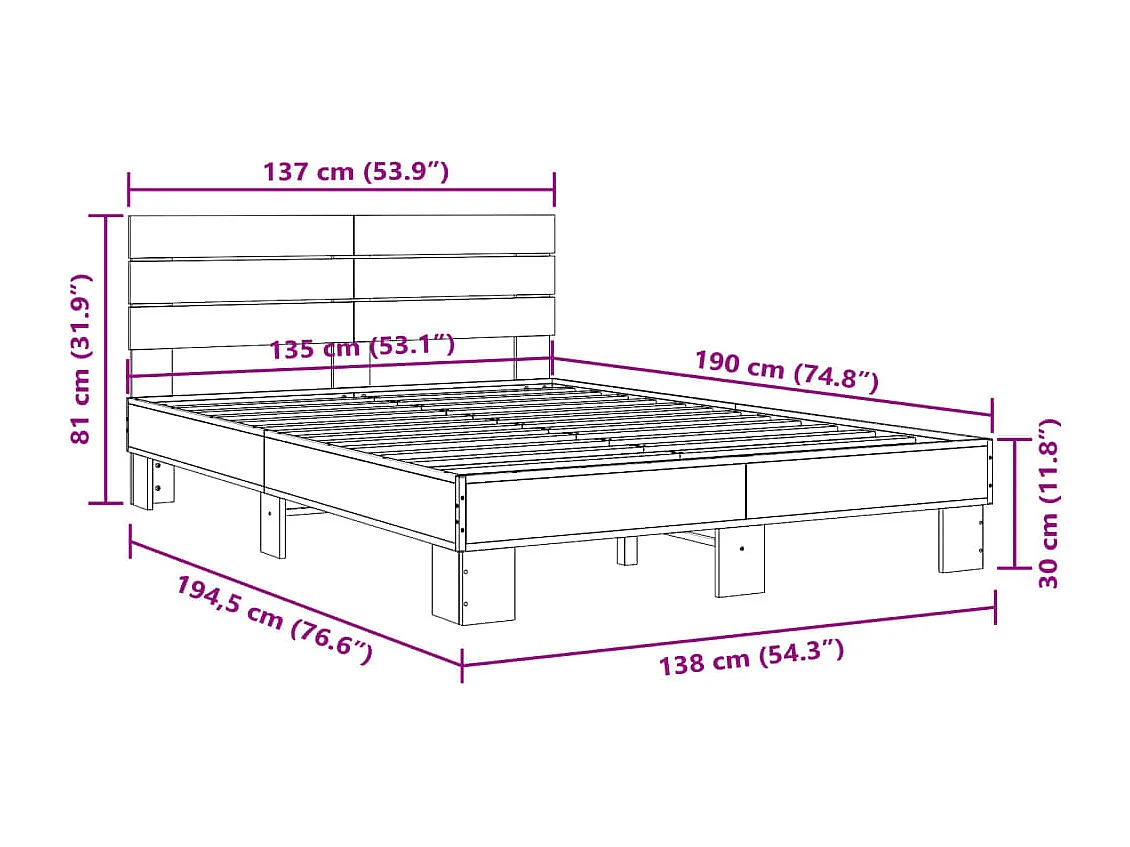 Estructura cama madera ingeniería metal gris Sonoma 135x190 cm