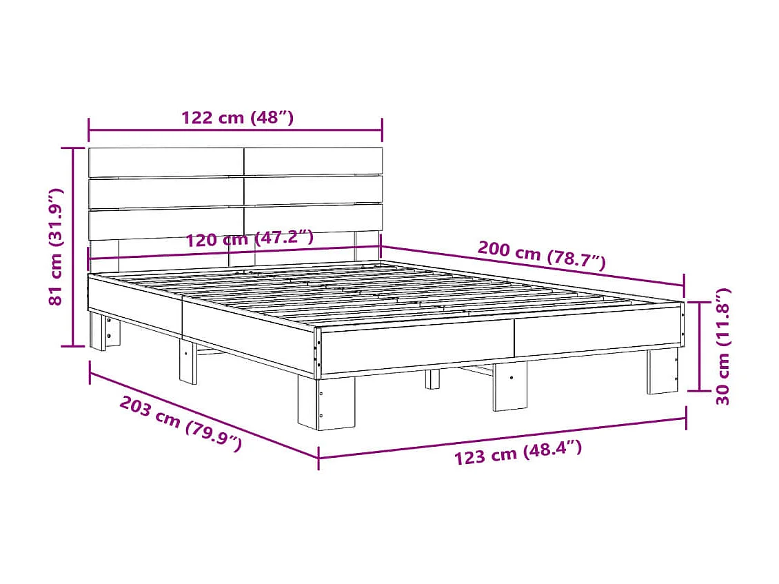 Estructura cama madera ingeniería metal roble ahumado 120x200cm