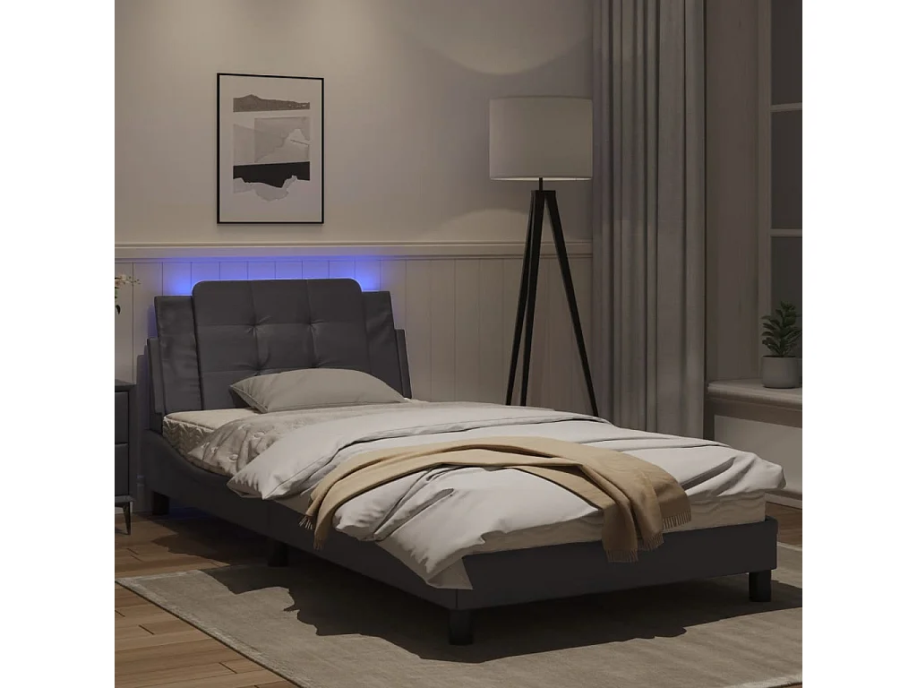 Estrutura de cama c/ luzes LED 100x200cm couro artificial cinza