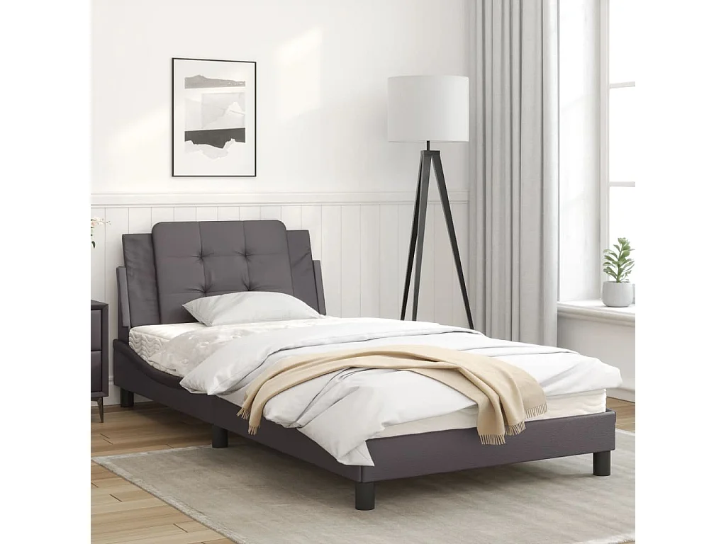 Estrutura de cama c/ luzes LED 100x200cm couro artificial cinza