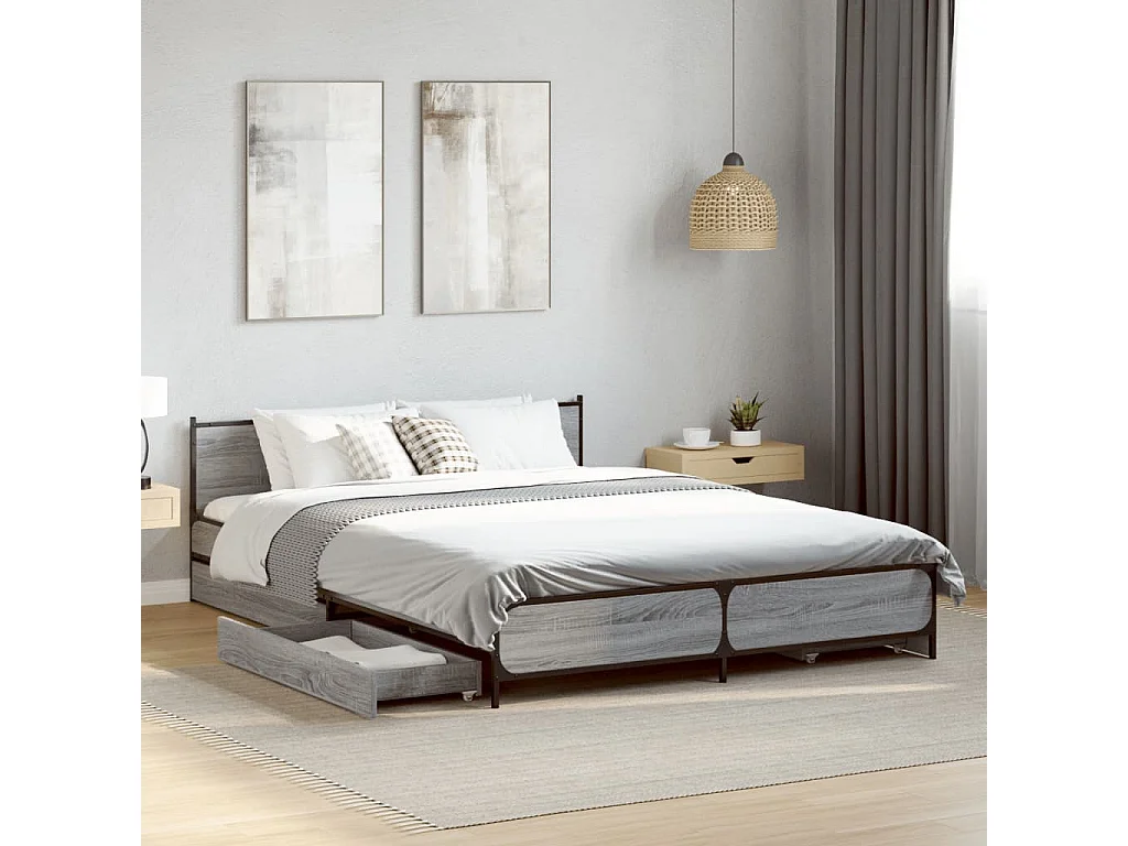Cadre de lit et tiroirs sonoma gris 135x190 cm bois ingénierie